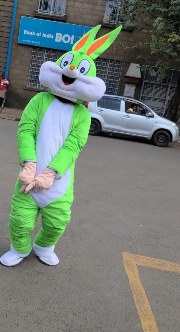 Hire Mr. Green Bunny, a vibrant and playful mascot from The Mascot Kenya, perfect for parties, events, and celebrations across Kenya.
